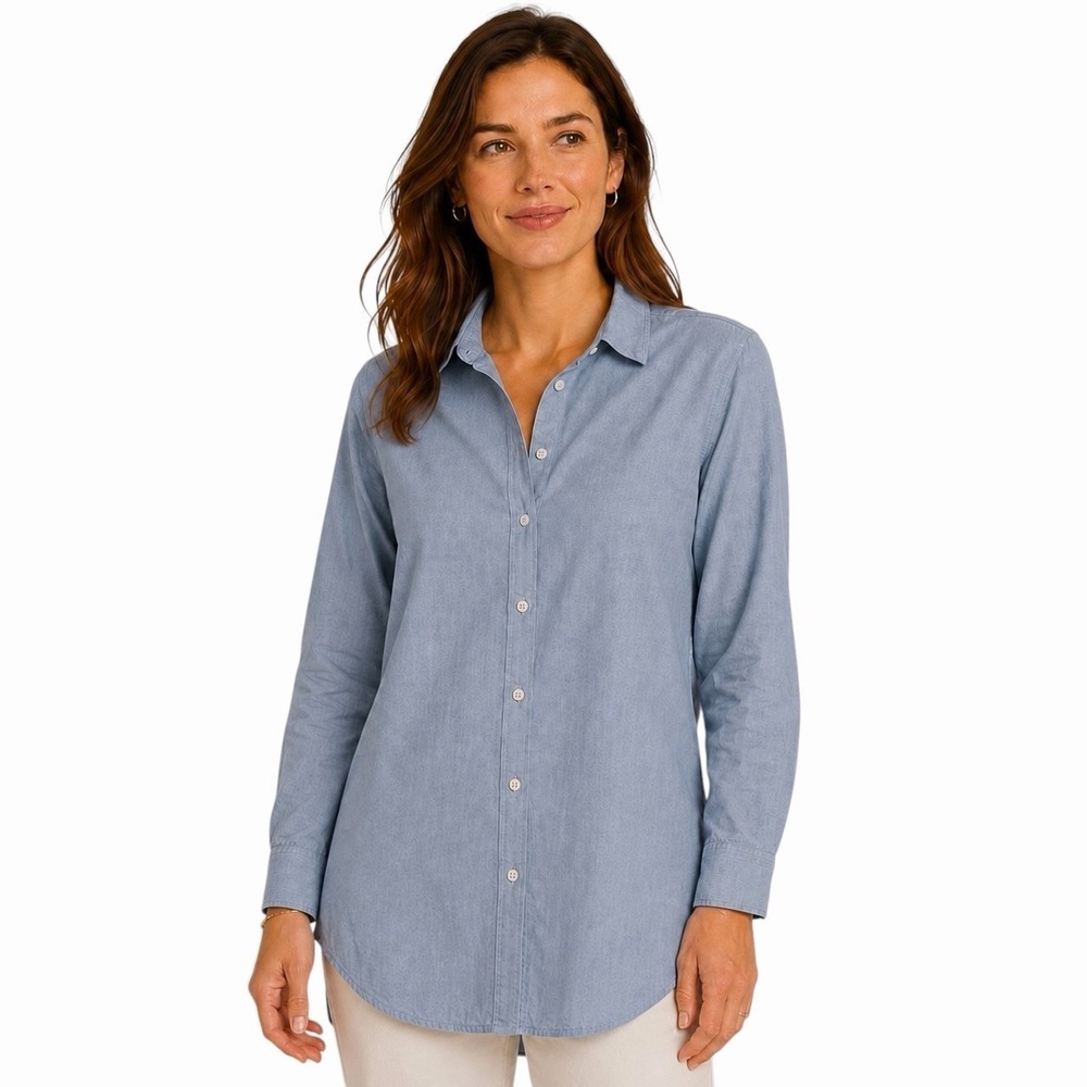 J Crew Womens Large Chambray Button Down Shirt Blue Cotton Classic Coastal